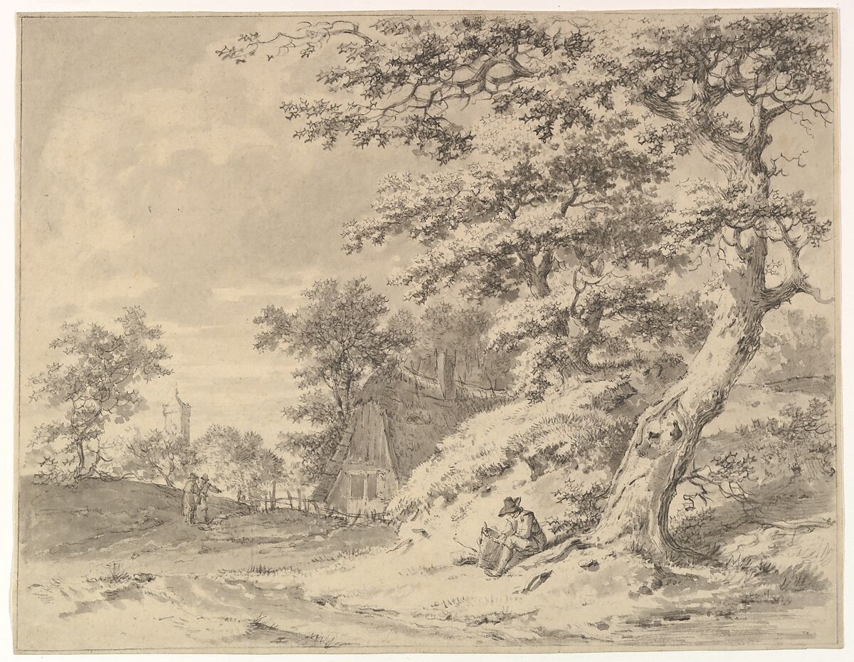 A  Forest Edge with Peasants and a Village in the Background; verso: Landscape Sketch, Pieter Barbiers II (Dutch, Amsterdam 1749–1842 Amsterdam), Black chalk, with brush and brownish-gray wash; framing line in black chalk, by the artist 