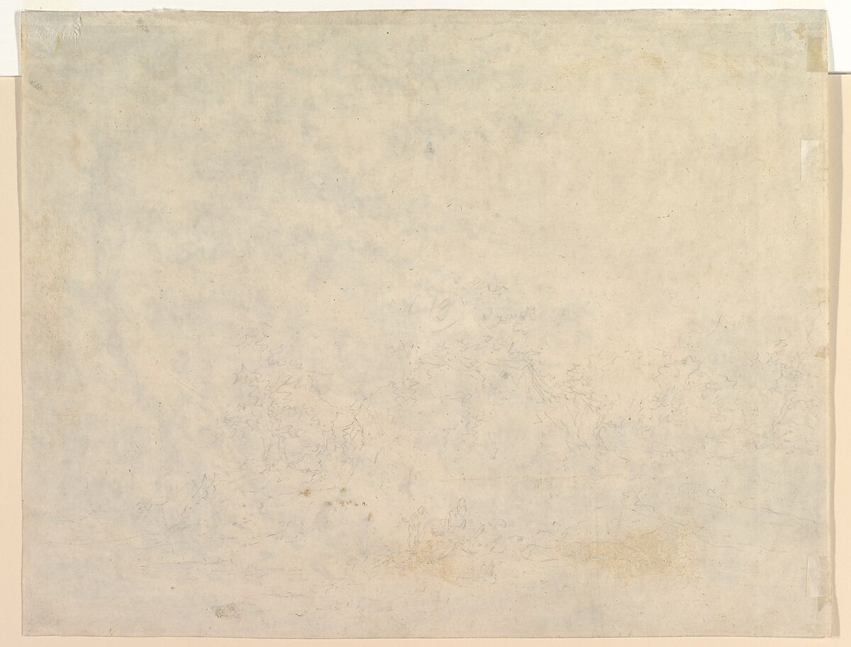 A  Forest Edge with Peasants and a Village in the Background; verso: Landscape Sketch, Pieter Barbiers II (Dutch, Amsterdam 1749–1842 Amsterdam), Black chalk, with brush and brownish-gray wash; framing line in black chalk, by the artist