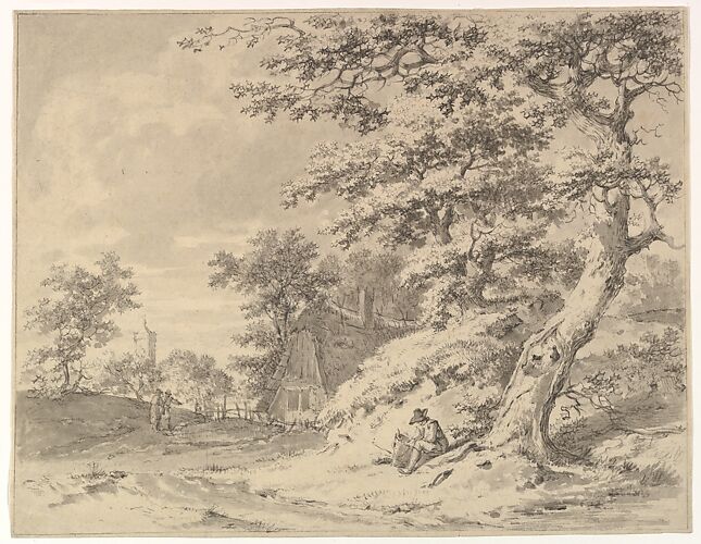 A  Forest Edge with Peasants and a Village in the Background; verso: Landscape Sketch