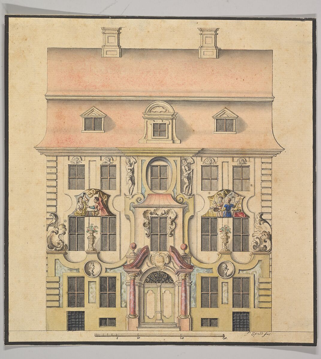 Architectural Design for a Façade, Ferenc (Franz) Speth (Hungarian or Austrian, active 1739–died 1769), Watercolor and pen and black ink 