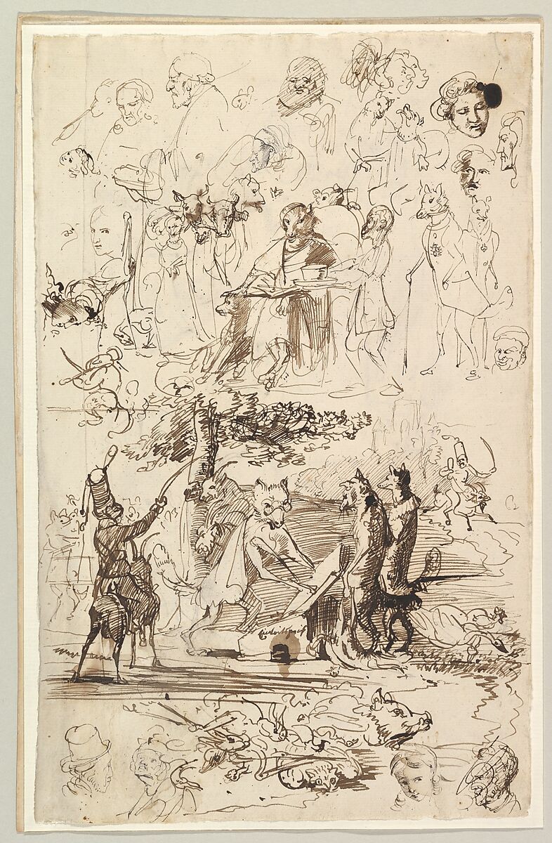 Sheet of Studies, Including for Reineke Fuchs; verso: Studies of Soldiers and of a Battle in a Wood, Wilhelm von Kaulbach (German, Arolsen 1804–1874 Munich), Pen and brown ink; verso: pen and brown ink 