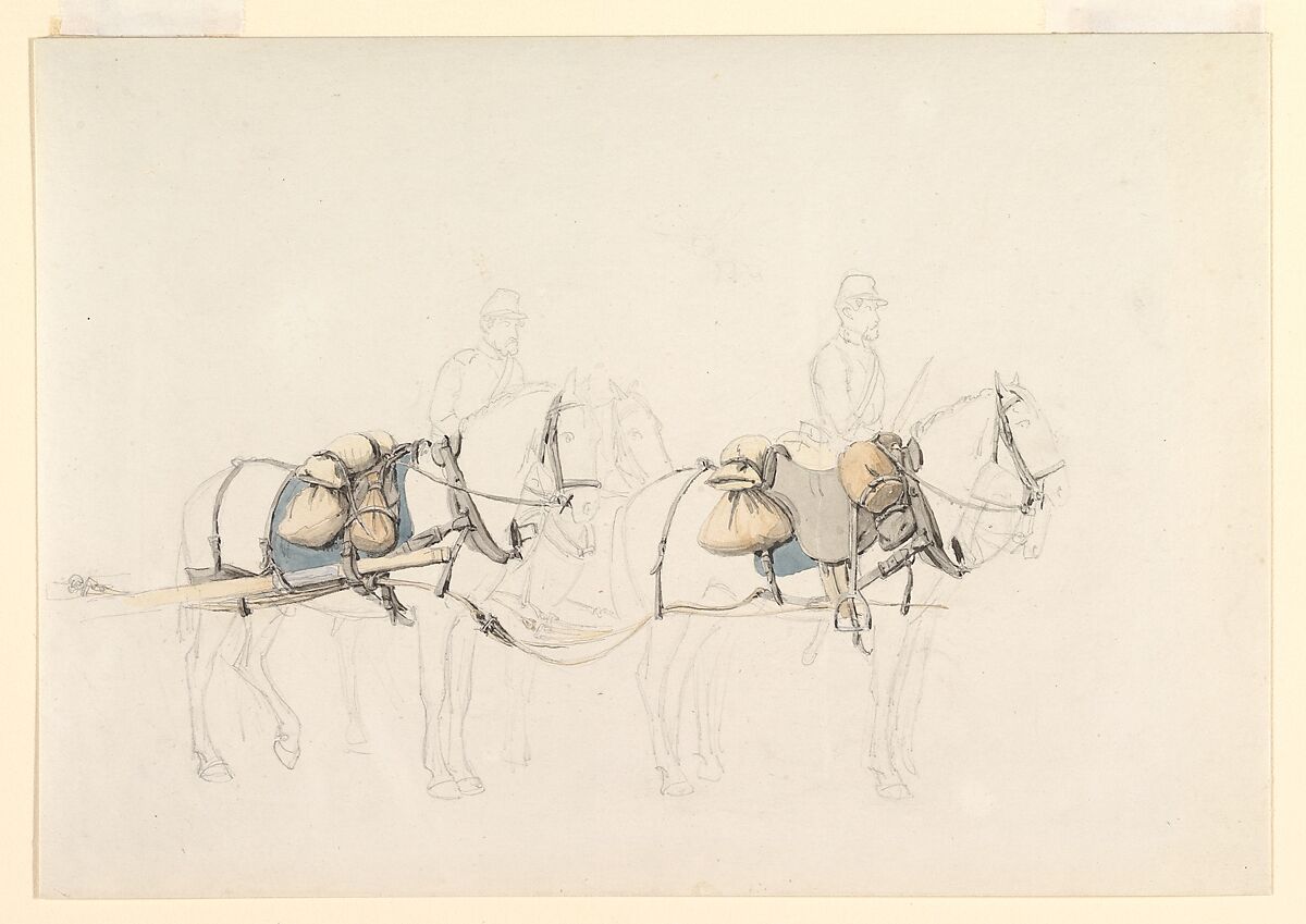 Studies of Four Horses with Two Horsemen, Jörgen Valentin Sonne (Danish, Birkeröd 1801–1890 Copenhagen), Graphite, watercolor 