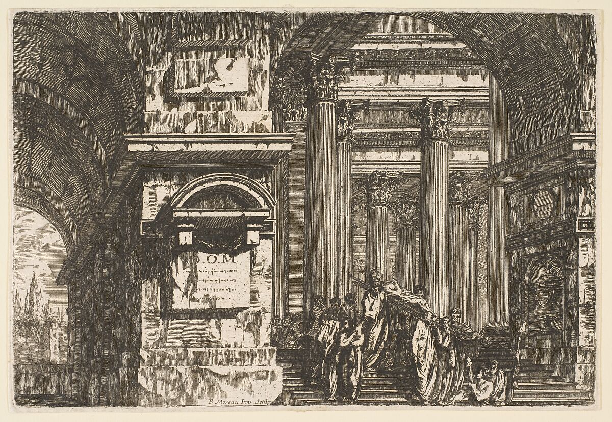 Funerary Scene in a Temple, Pierre Moreau (French, 1722–1798 Paris), Etching 