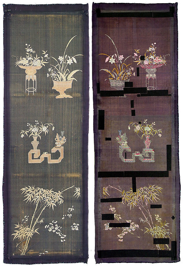 Embroidered Panel (from set of four), Silk, metallic thread, China 