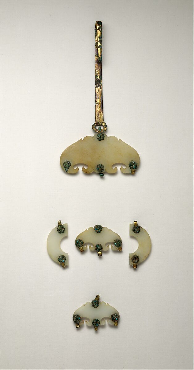 Assemblage of pendants, Jade (nephrite) with bronze and turquoise, China 
