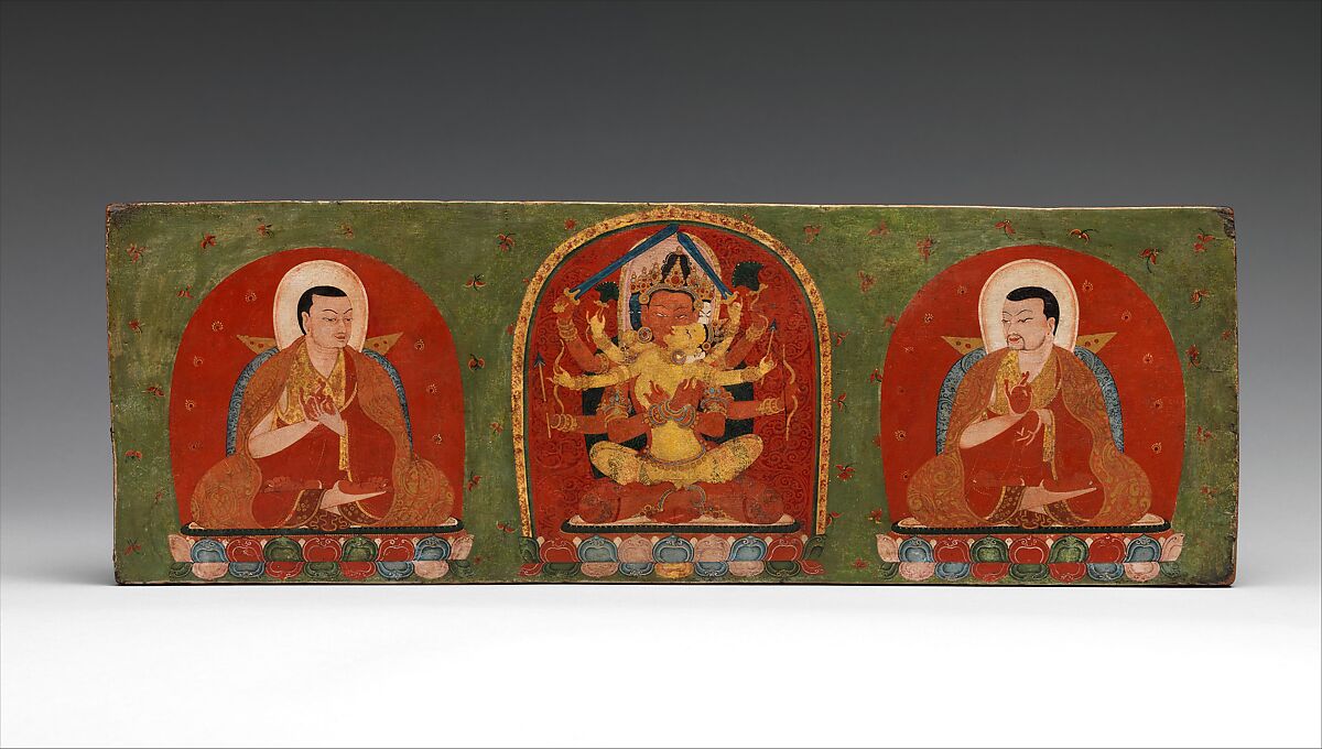 Interior of a Book Cover: Manjuvajra Embracing His Consort, with Attendant Lamas, Distemper on wood, Tibet 
