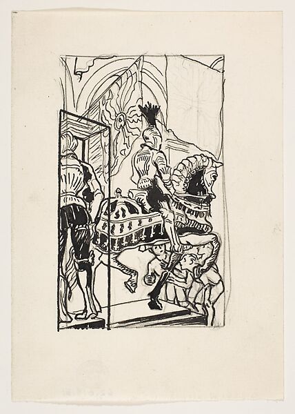View of Arms and Armor Gallery, Florence Wyman Ivins (American, 1881–1948), Ink and graphite 