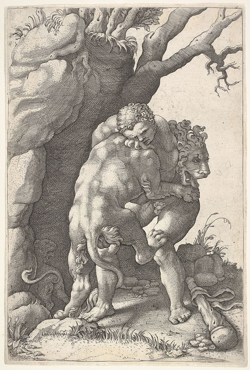 Hercules and the Nemean Lion: Hercules grasps the shoulders and chest of the lion, which is viewed from the back, beside a rocky outcrop, Adamo (Ghisi) Scultori (Italian, Mantua ca. 1530–1587 Rome), Engraving 
