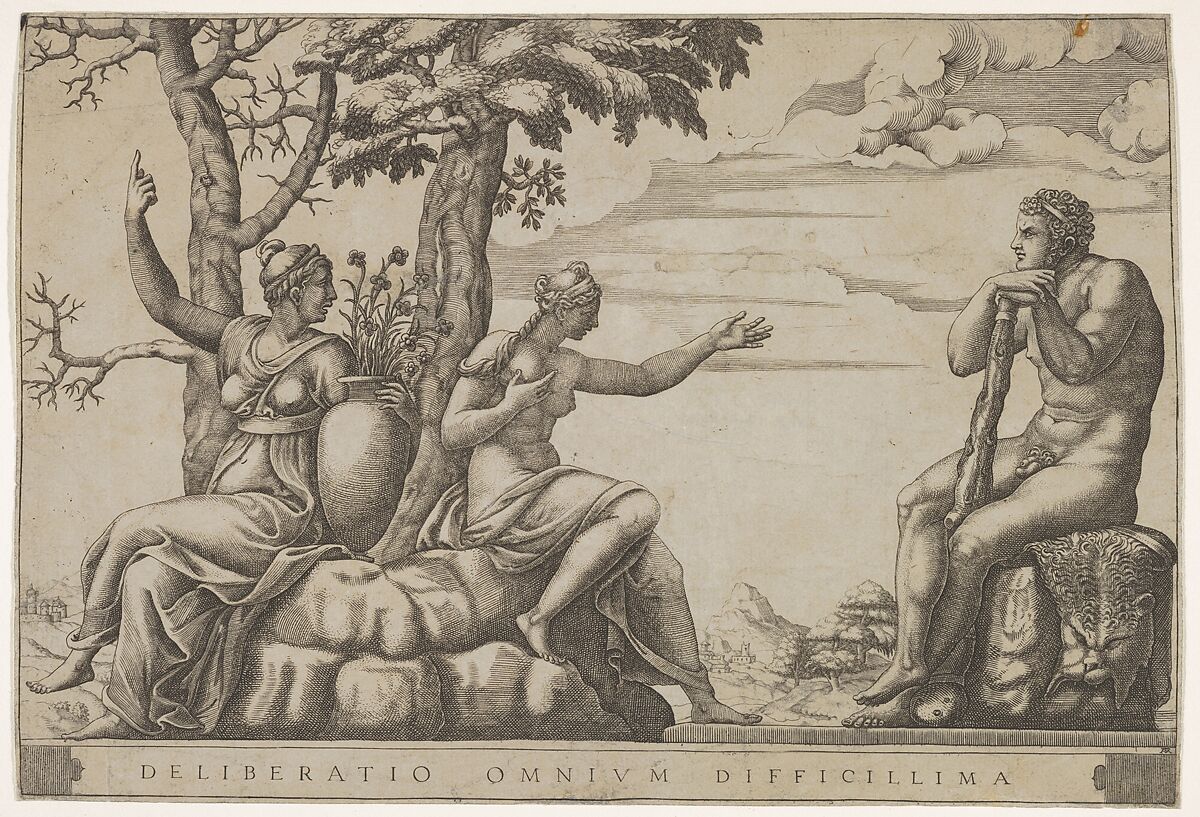 Hercules at the cross-roads, he is seated at the right, to the left are female personifications of Virtue and Vice, Adamo (Ghisi) Scultori (Italian, Mantua ca. 1530–1587 Rome), Engraving 