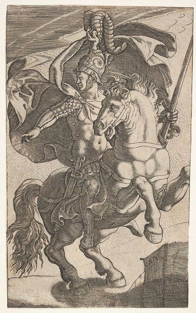 Soldier riding a rearing horse and wearing feathered helmet, cuirass, pteruges, and greaves, the soldier looks and points to his right, Giovanni Battista Scultori (Italian, 1503–1575), Engraving 