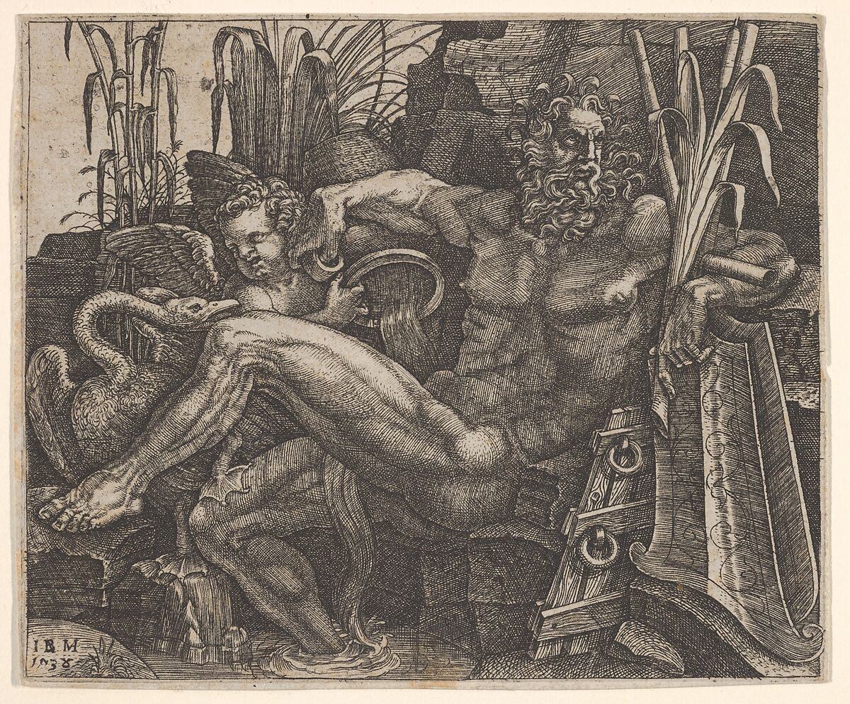 River God Po reclining on a rocky bank, a winged putto and long-necked water bird stand behind his legs, Giovanni Battista Scultori (Italian, 1503–1575), Engraving 