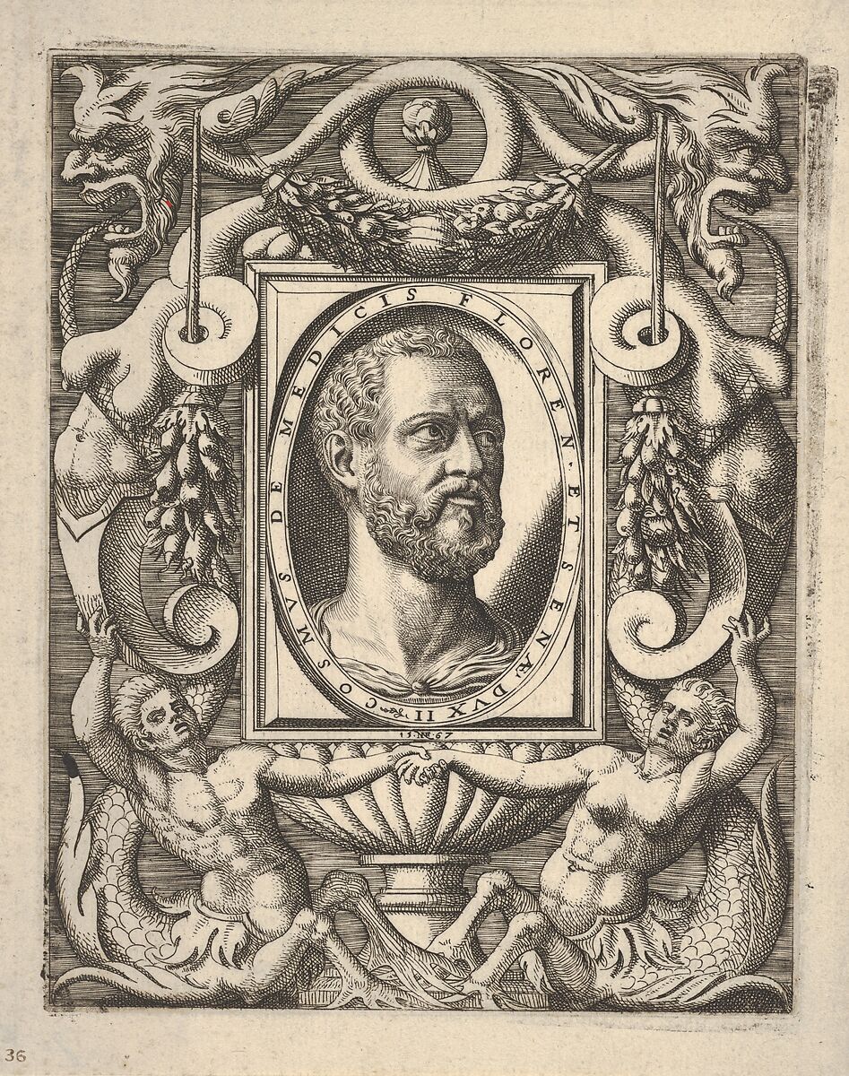 Bust portrait of Cosimo I de' Medici, in an oval frame set within a rectangular plaque, surrounded by fantastical ornament, Nicolò Nelli (Italian, active Venice, ca. 1552–79), Etching and engraving 