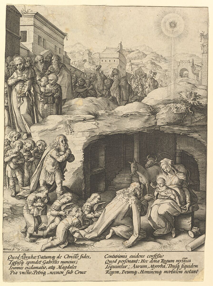 The Adoration of the Magi, Hendrick Goltzius (Netherlandish, Mühlbracht 1558–1617 Haarlem), Engraving; second state of three 