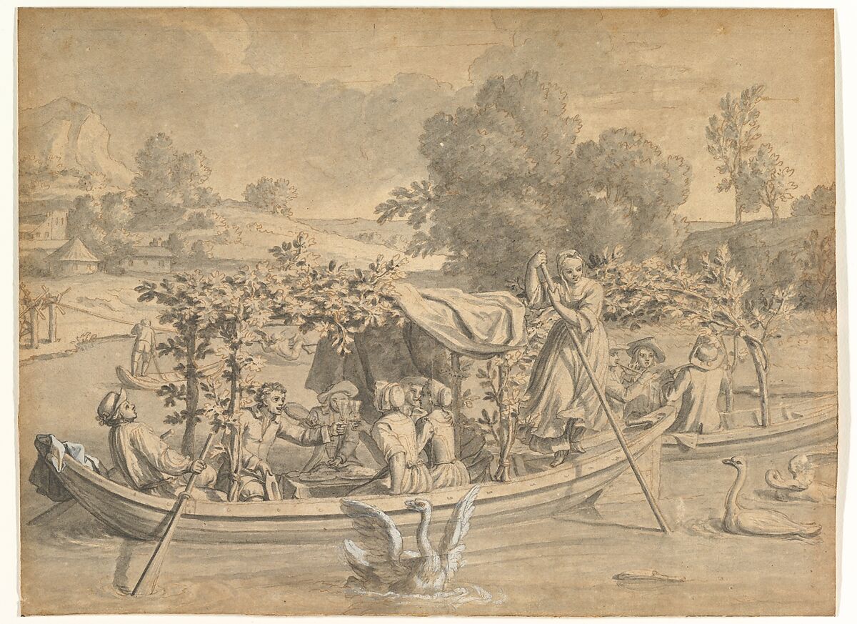 July: Amusements on the Water, (Juillet : les Divertissements sur l’eau), Claude Simpol  French, Black chalk, pen and black and brown ink, brush and gray wash, heightened with white gouache