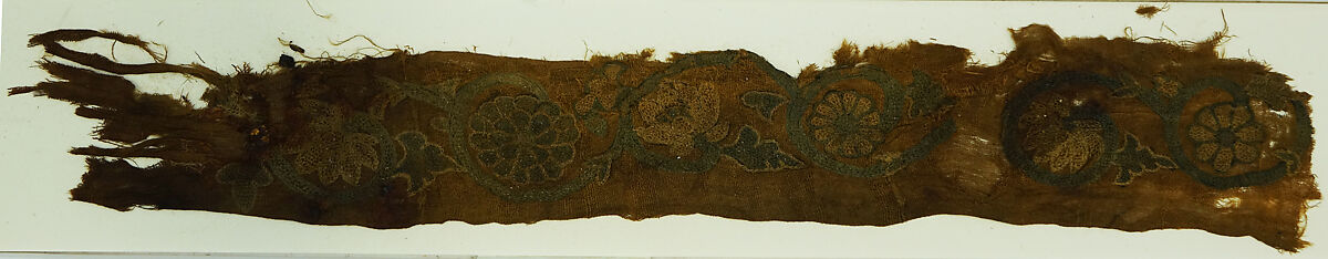 Textile fragment with floral scroll, Silk embroidery, China