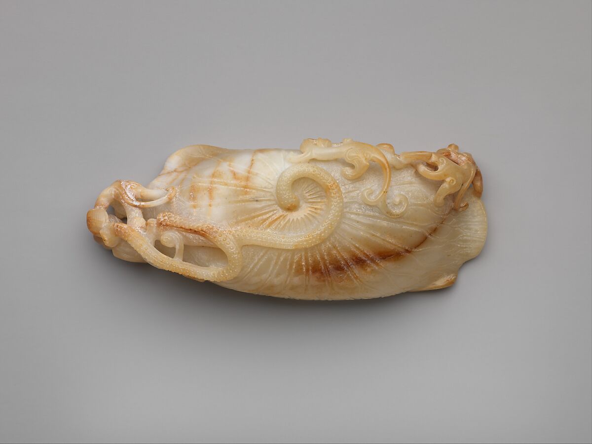 Brush washer in the shape of lotus leaf with chi dragons, Jade (nephrite), China