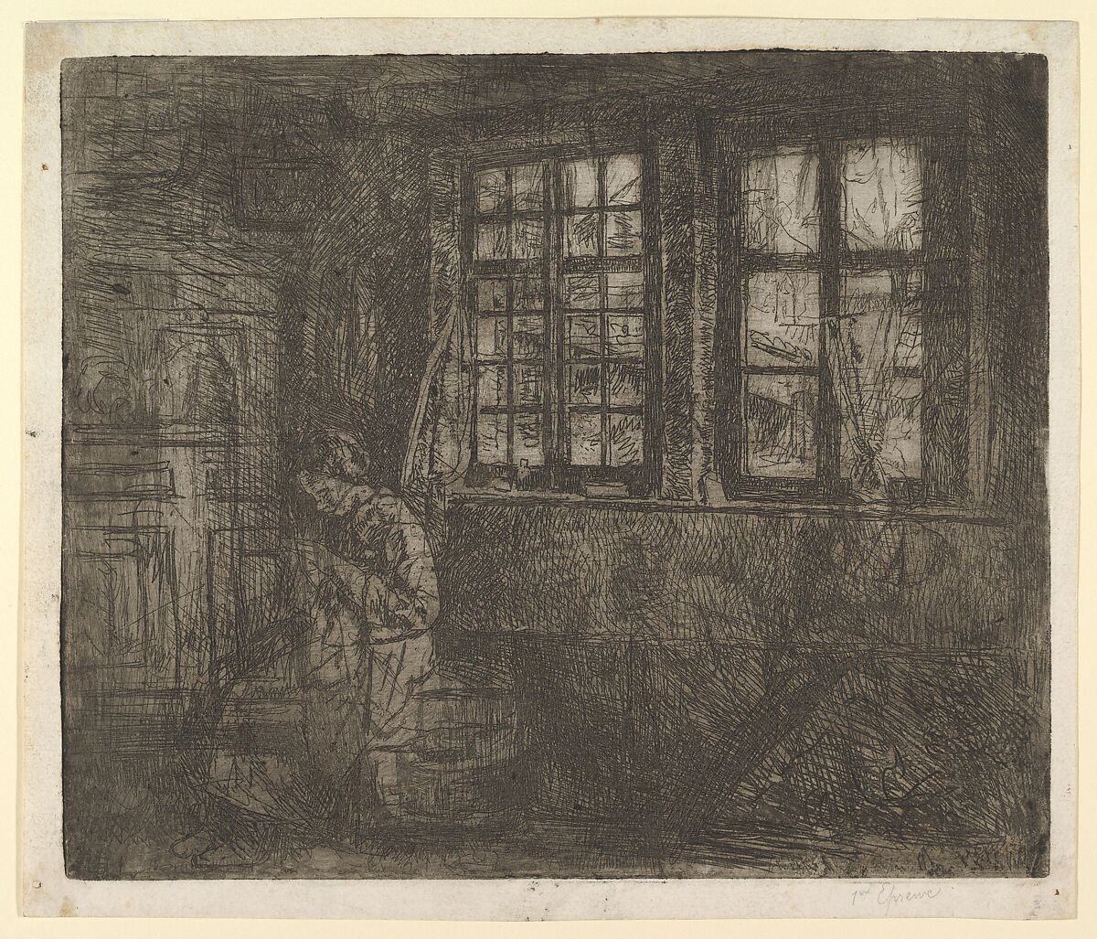 The Dressmaker, Henri Jean Augustin de Braekeleer (Belgian, Antwerp 1840–1888 Antwerp), Etching on laid paper 