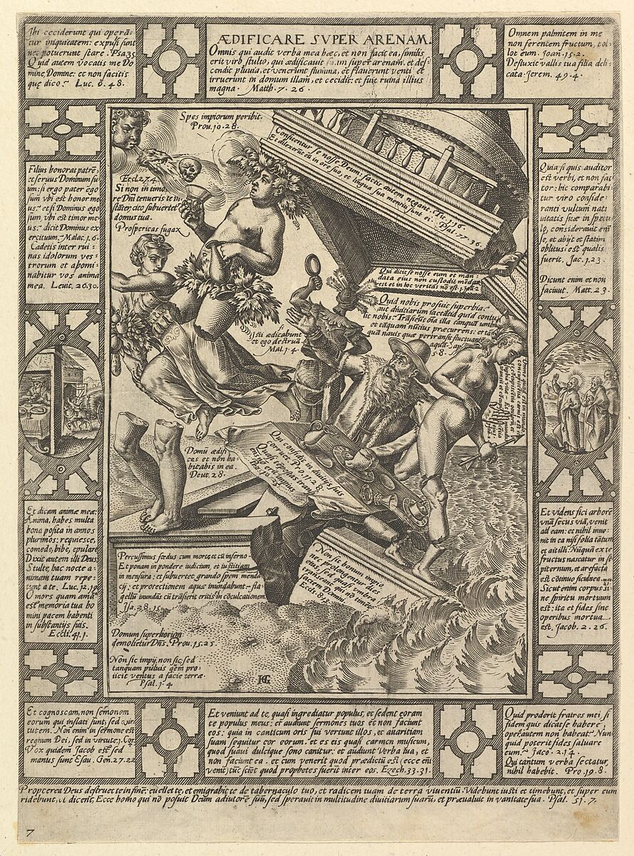 Aedificare Super Arenam, from "Allegories of the Christian Faith, from Christian and Profane Allegories", Hendrick Goltzius (Netherlandish, Mühlbracht 1558–1617 Haarlem), Engraving 