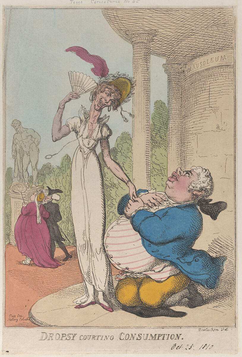 Dropsy Courting Consumption, Thomas Rowlandson (British, London 1757–1827 London), Hand-colored etching