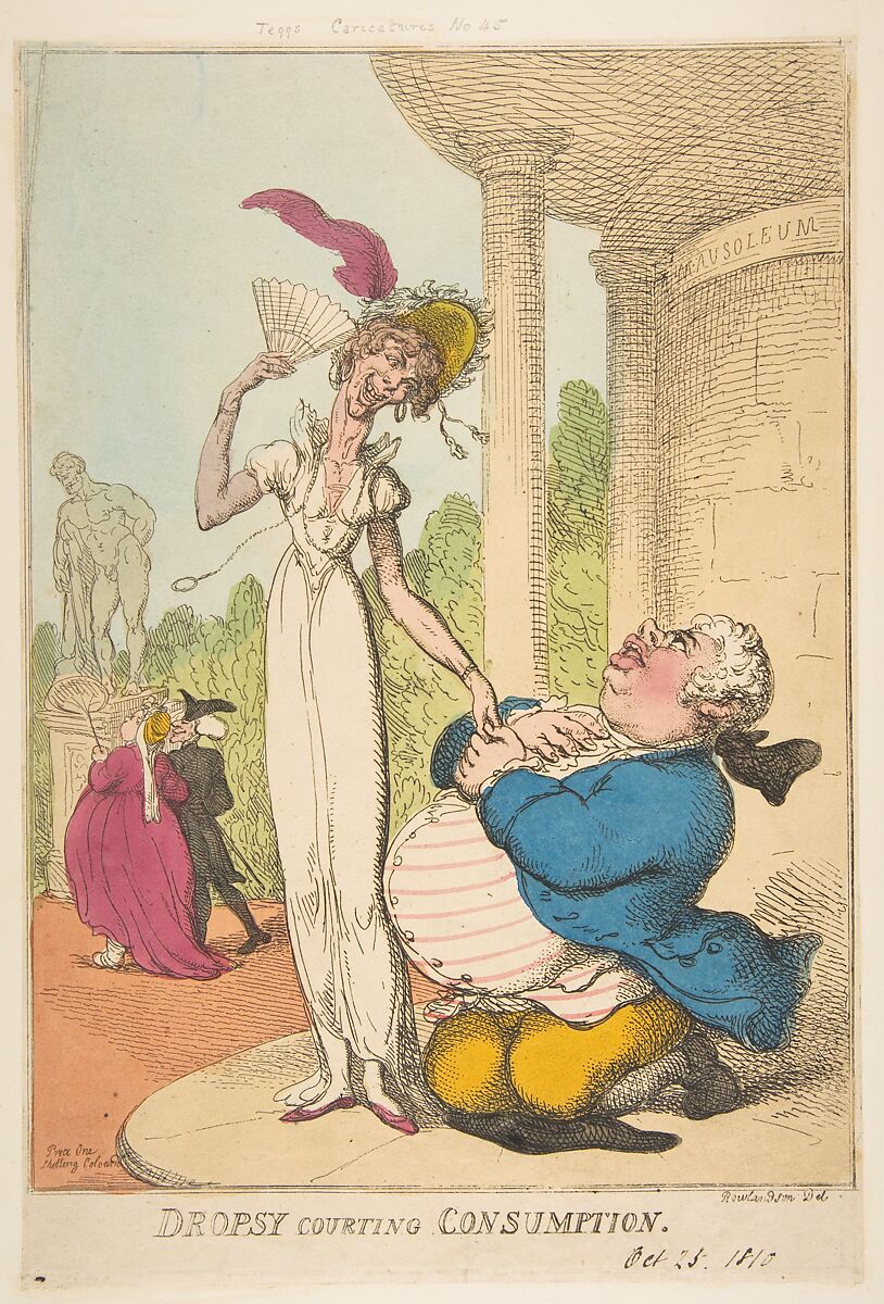 Dropsy Courting Consumption, Thomas Rowlandson (British, London 1757–1827 London), Hand-colored etching 