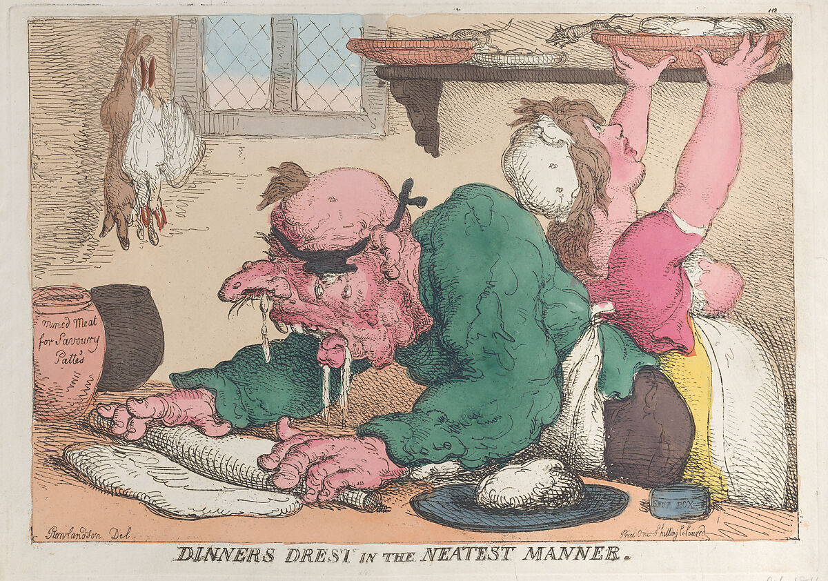 Dinners Drest in the Neatest Manner, Thomas Rowlandson (British, London 1757–1827 London), Hand-colored etching