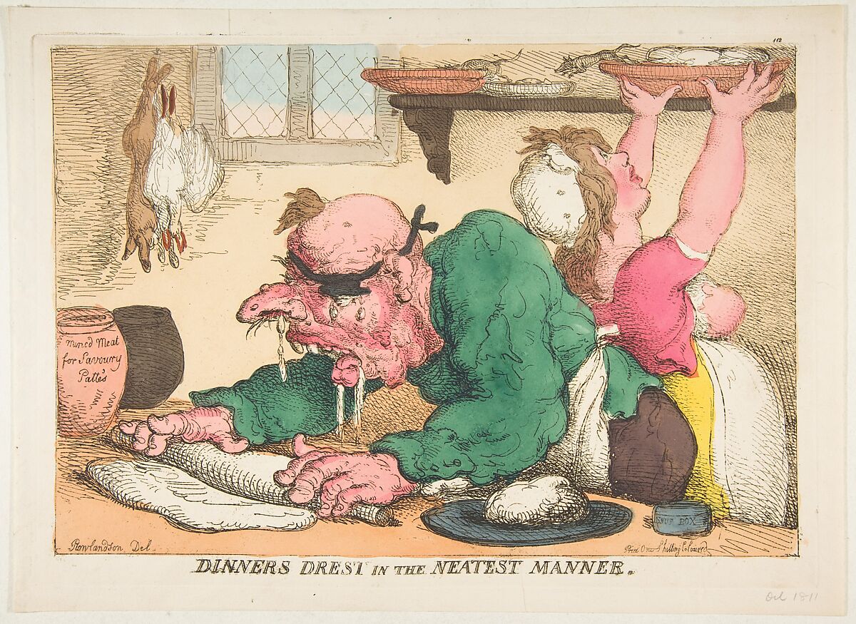 Dinners Drest in the Neatest Manner, Thomas Rowlandson (British, London 1757–1827 London), Hand-colored etching 