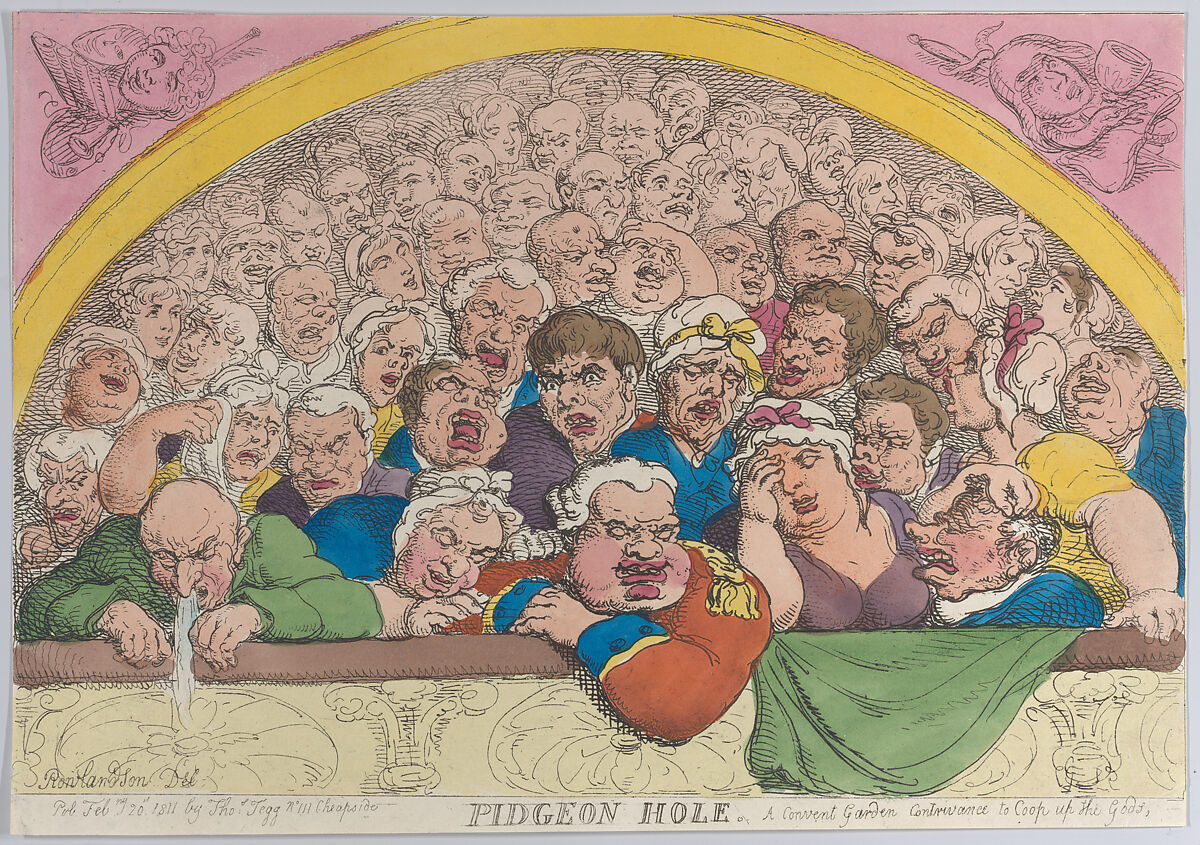 Pidgeon Hole. A Convent Garden Contrivance to Coop up the Gods, Thomas Rowlandson (British, London 1757–1827 London), Hand-colored etching