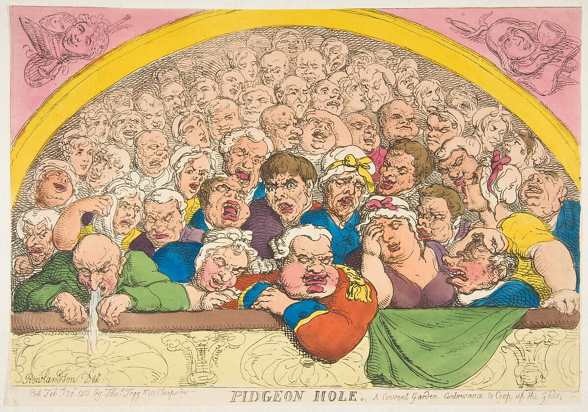 Pidgeon Hole. A Convent Garden Contrivance to Coop up the Gods, Thomas Rowlandson (British, London 1757–1827 London), Hand-colored etching 