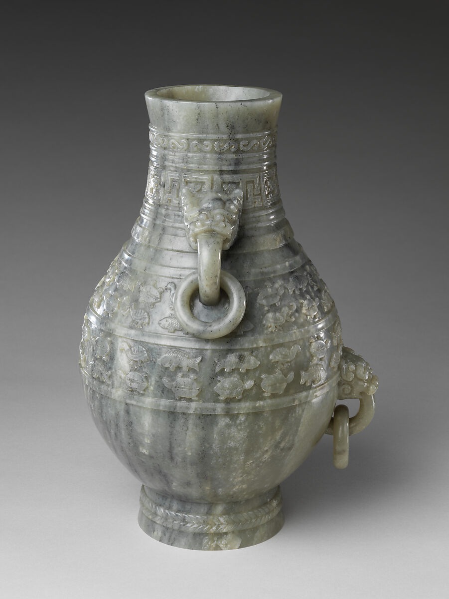 Archaic-style vase with fish and birds, Jade (nephrite), China