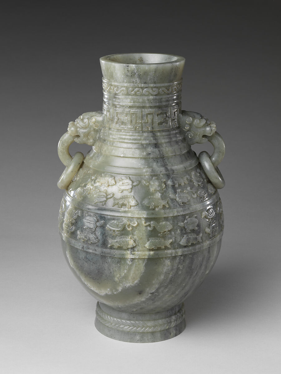 Archaic-style vase with fish and birds, Jade (nephrite), China