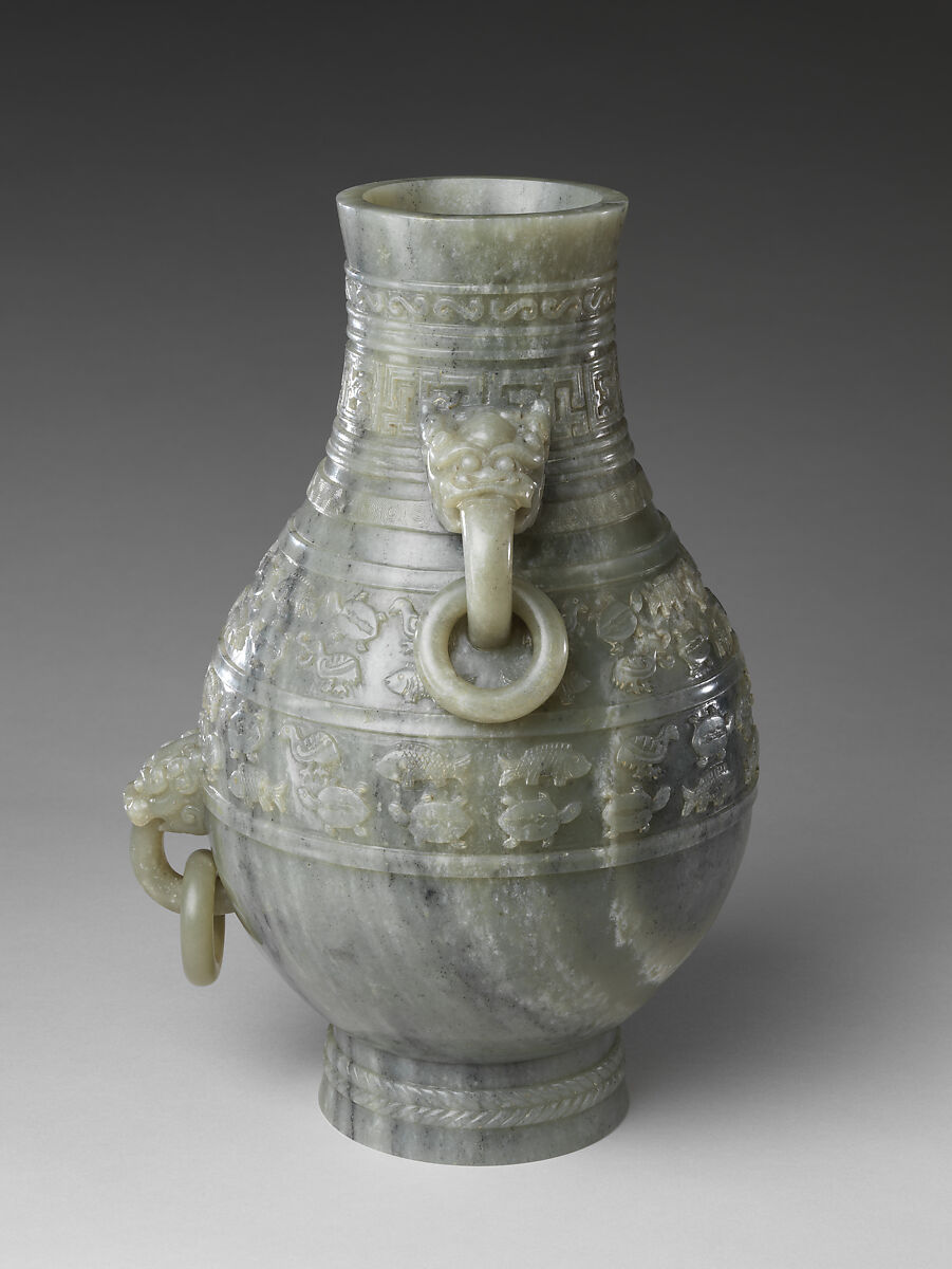 Archaic-style vase with fish and birds, Jade (nephrite), China
