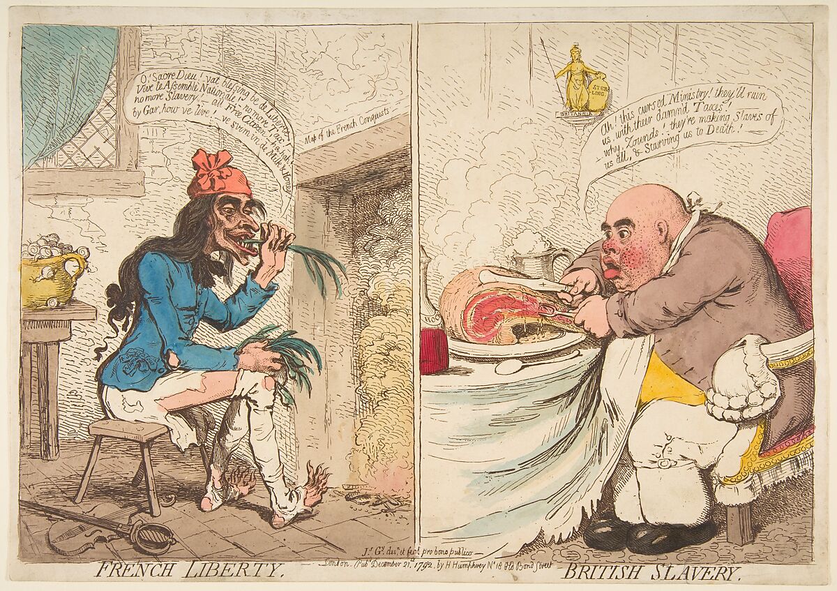 French Liberty – British Slavery, James Gillray (British, London 1756–1815 London), Hand-colored etching 