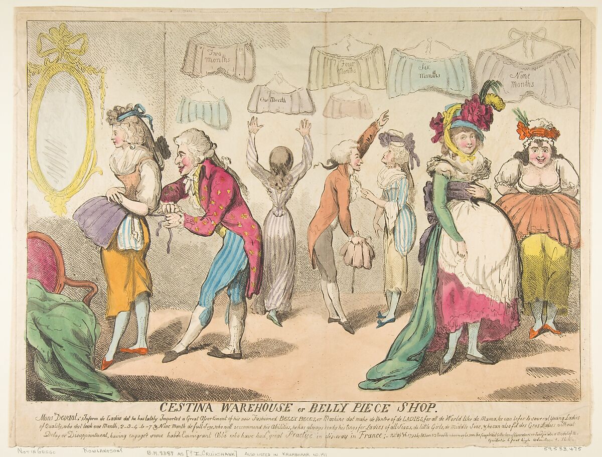 Cestina Warehouse or Belly Piece Shop, Attributed to Isaac Cruikshank (British (born Scotland), Edinburgh 1764–1811 London), Hand-colored etching 