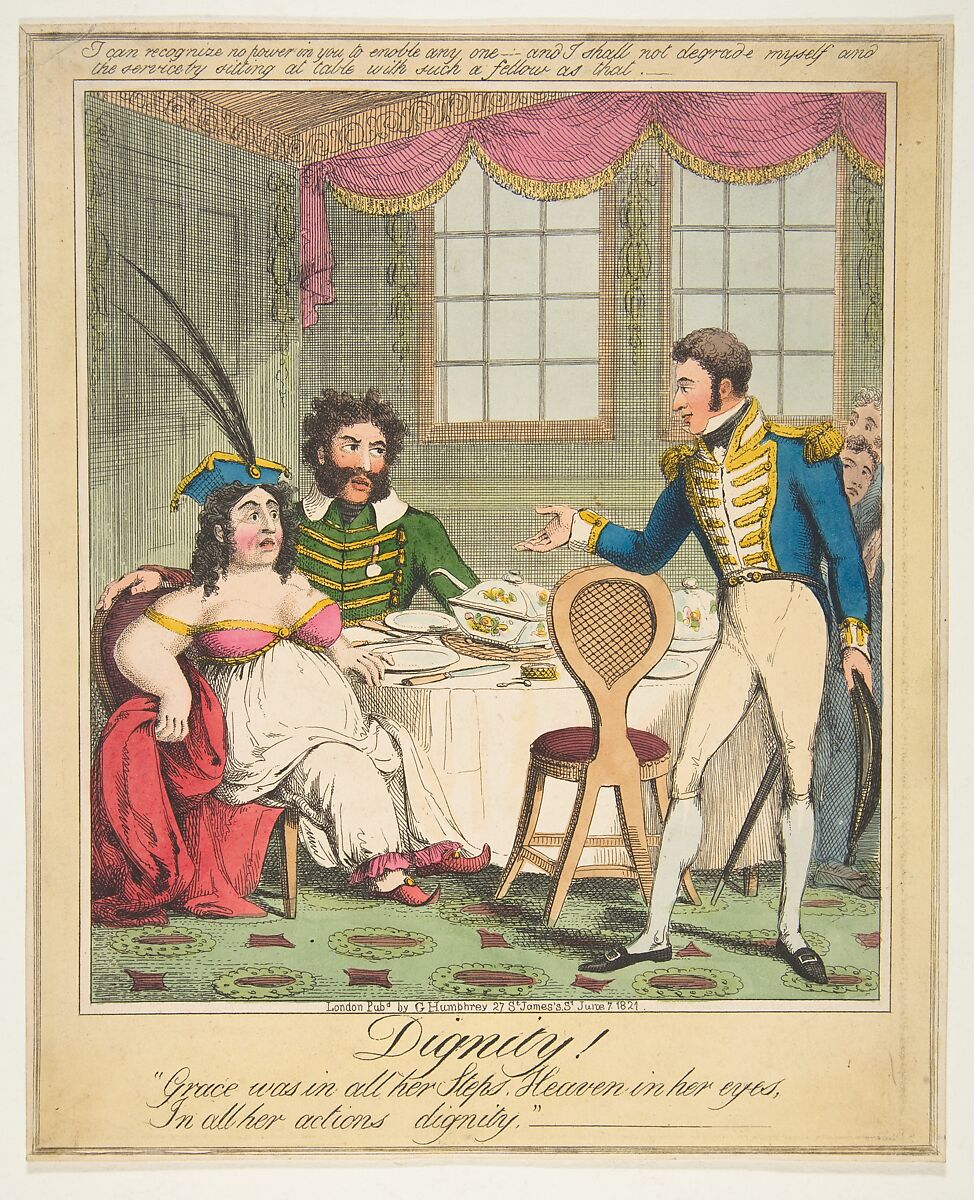 Dignity! - "Grace was in all her Steps. Heaven in her eyes, In all her actions dignity", Theodore Lane (British, Isleworth ca. 1800–1828 London), Hand-colored etching 