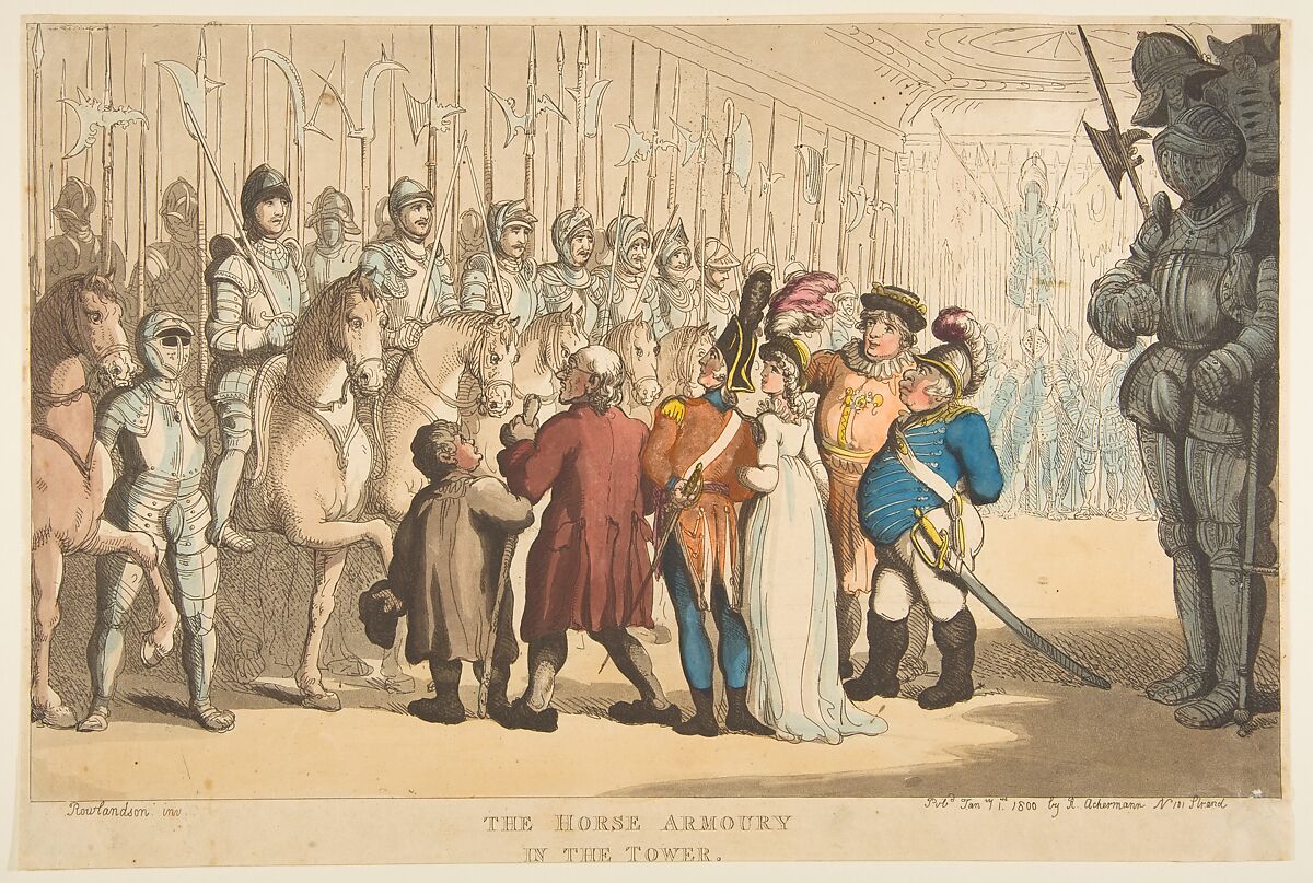 The Horse Armoury in the Tower, Thomas Rowlandson (British, London 1757–1827 London), Hand-colored etching 