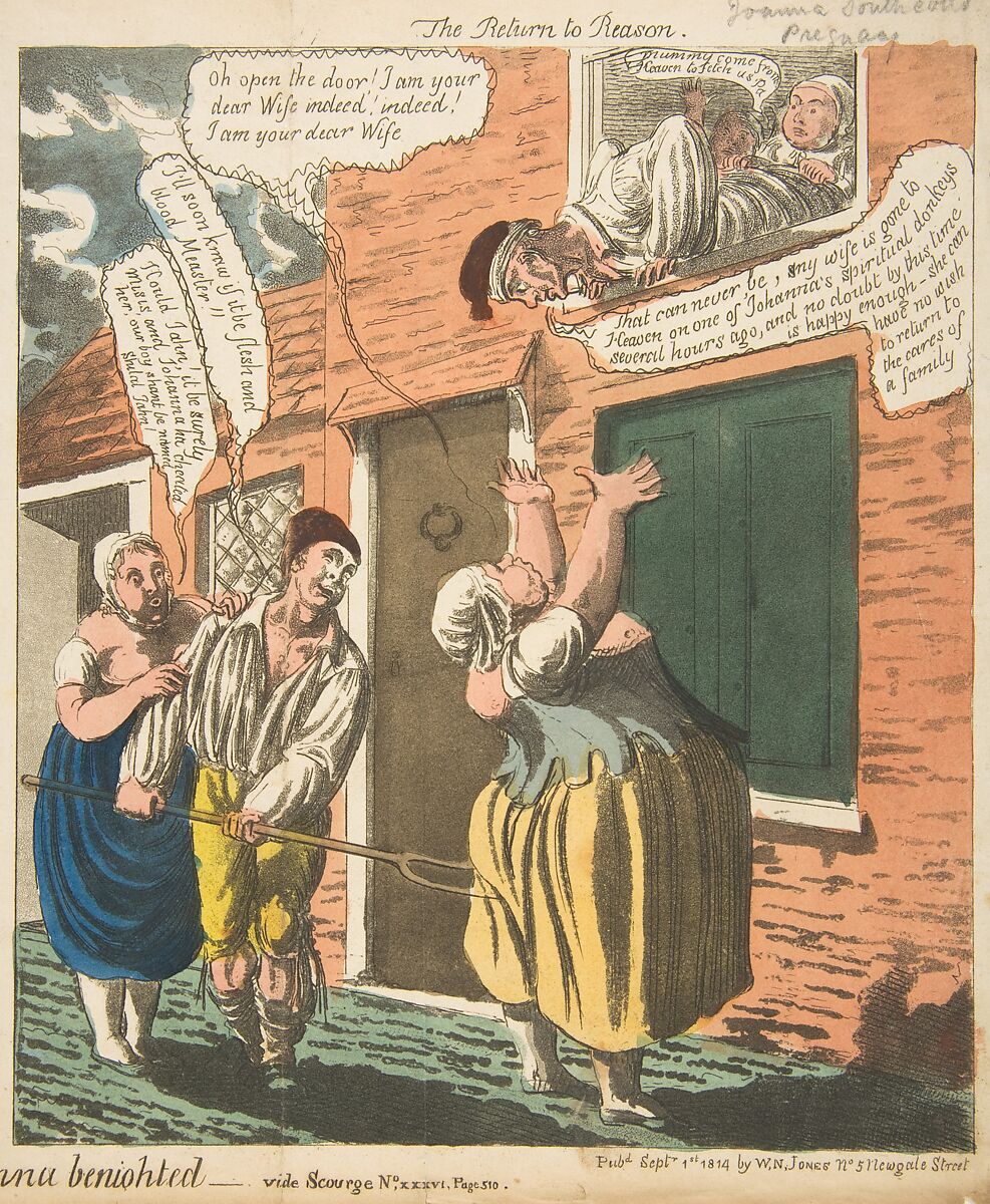 A Paradice [sic] for Fools–A Nocturnal Trip–or–The Disciple of Johanna benighted–vided Scourge No. XXXVI, page 510, Charles Williams (British, active 1797–1830), Hand-colored etching