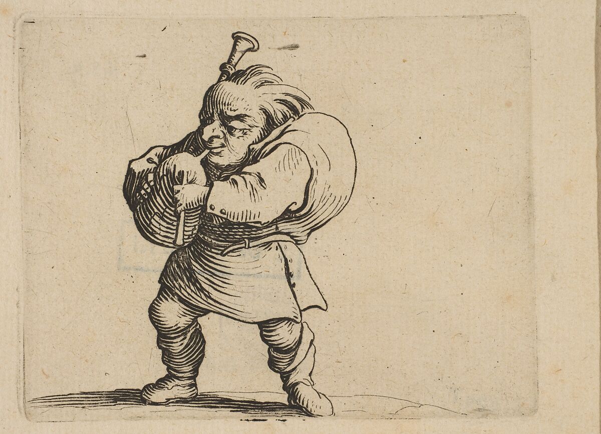 La Jouer de Cornemuse (The Bagpipe Player), from "Varie Figure Gobbi, suite appelée aussi Les Bossus, Les Pygmées, Les Nains Grotesques" (Various Hunchbacked Figures, The Hunchbacks, The Pygmes, The Grotesque Dwarfs), Jacques Callot (French, Nancy 1592–1635 Nancy), Etching and engraving; first state of two (Lieure) 