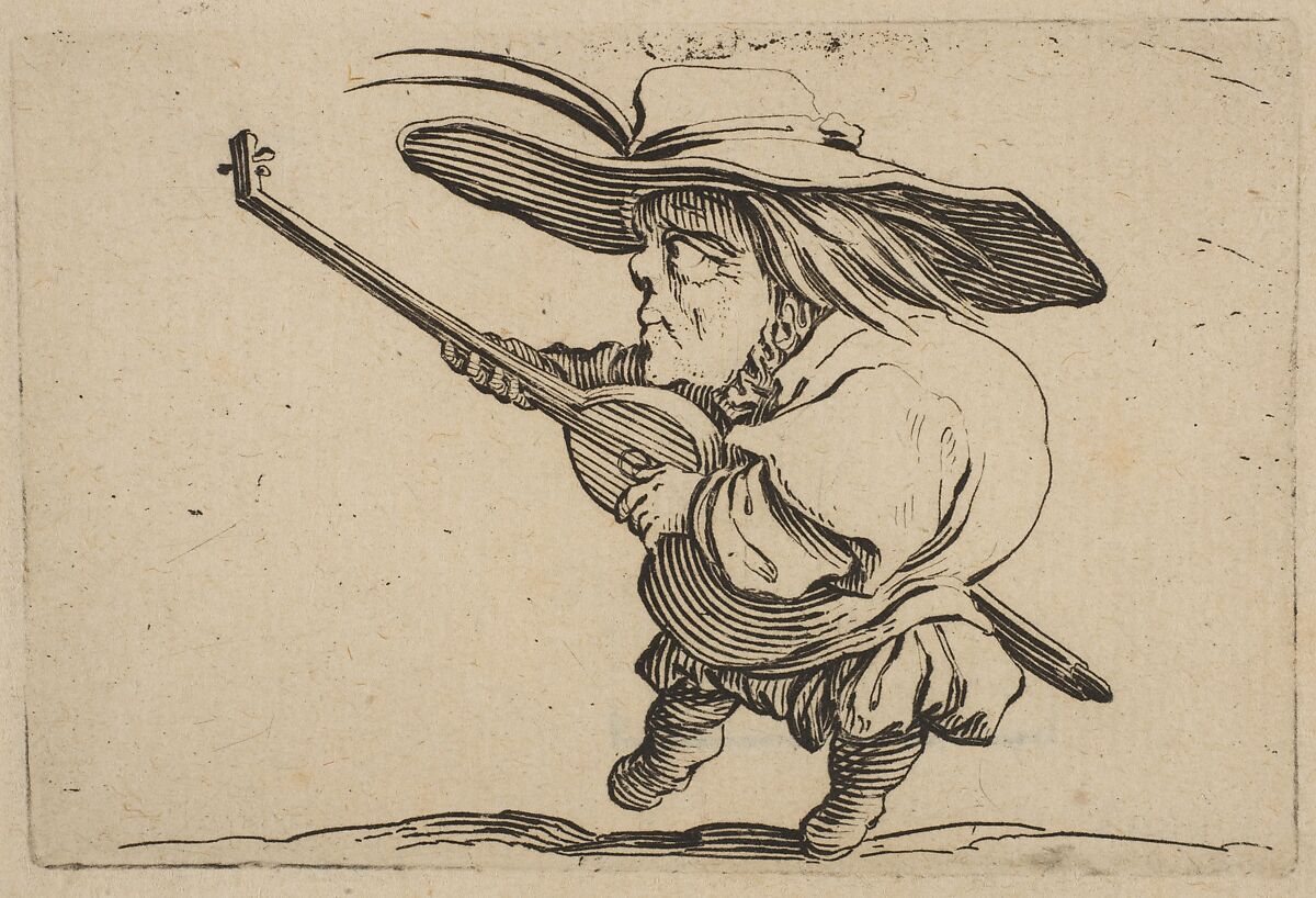 Le Joeuer de Luth (The Lute Player), from "Varie Figure Gobbi, suite appelée aussi Les Bossus, Les Pygmées, Les Nains Grotesques" (Various Hunchbacked Figures, The Hunchbacks, The Pygmes, The Grotesque Dwarfs), Jacques Callot (French, Nancy 1592–1635 Nancy), Etching and engraving; first state of two (Lieure) 