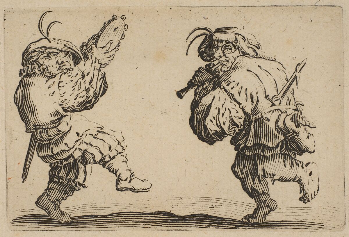 Les Danseurs a la Flute et au Tambourin (Two Dancers Playing the Flute and the Tambourine), from "Les Caprices" Series B, The Nancy Set, Jacques Callot (French, Nancy 1592–1635 Nancy), Etching; first state of two (Lieure) 