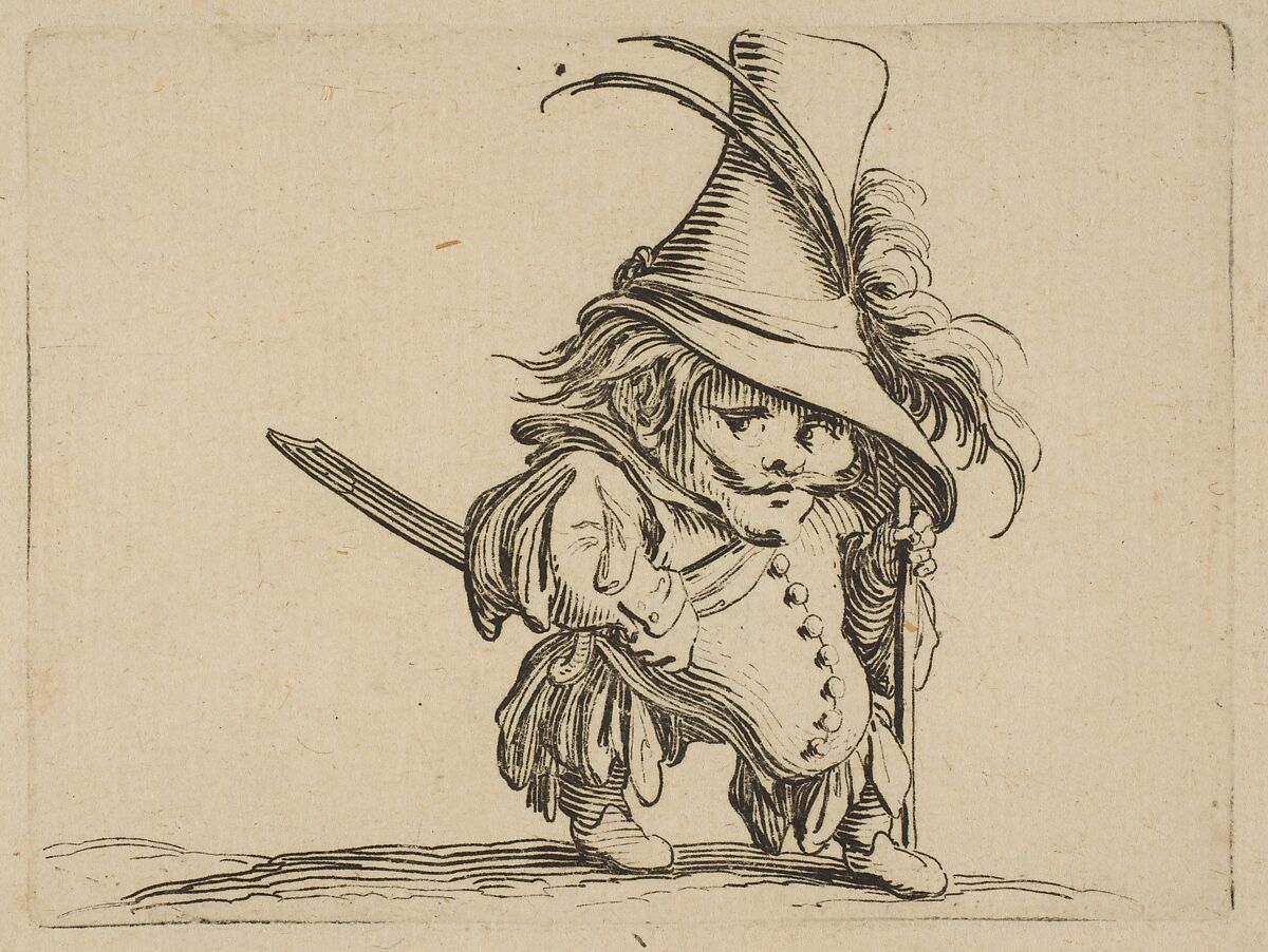 L'Homme au Ventre Tombant et au Chapeau Très Élevé (The Man with a Drooping Belly and a Very Tall Hat), from "Varie Figure Gobbi, suite appelée aussi Les Bossus, Les Pygmées, Les Nains Grotesques" (Various Hunchbacked Figures, The Hunchbacks, The Pygmes, The Grotesque Dwarfs), Jacques Callot (French, Nancy 1592–1635 Nancy), Etching and engraving; first state of two (Lieure) 