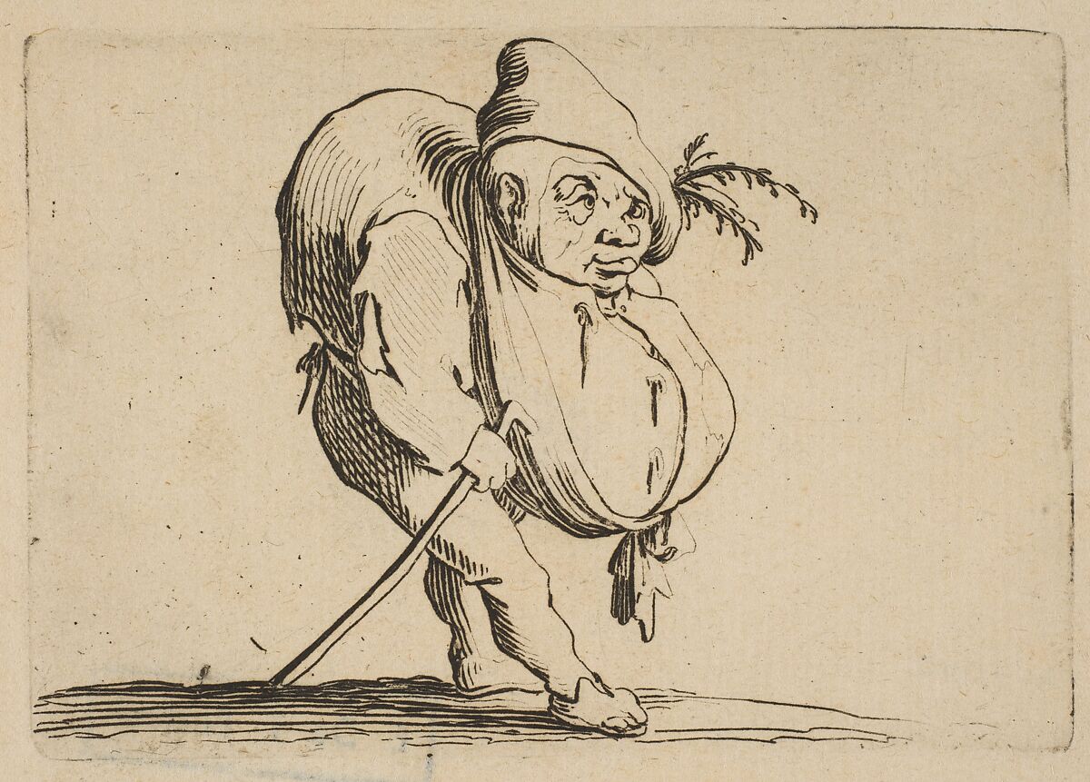 Le Bossu a La Canne (The Hunchback with a Cane), from "Varie Figure Gobbi, suite appelée aussi Les Bossus, Les Pygmées, Les Nains Grotesques" (Various Hunchbacked Figures, The Hunchbacks, The Pygmes, The Grotesque Dwarfs), Jacques Callot (French, Nancy 1592–1635 Nancy), Etching and engraving; first state of two (Lieure) 
