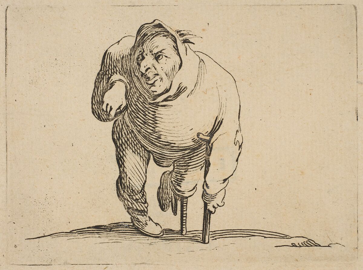 L'Estropié a la Béquille et a La Jambe de Bois (The Cripple with a Crutch and a Wooden Leg), from "Varie Figure Gobbi, suite appelée aussi Les Bossus, Les Pygmées, Les Nains Grotesques" (Various Hunchbacked Figures, The Hunchbacks, The Pygmes, The Grotesque Dwarfs), Jacques Callot (French, Nancy 1592–1635 Nancy), Etching and engraving; first state of two (Lieure) 