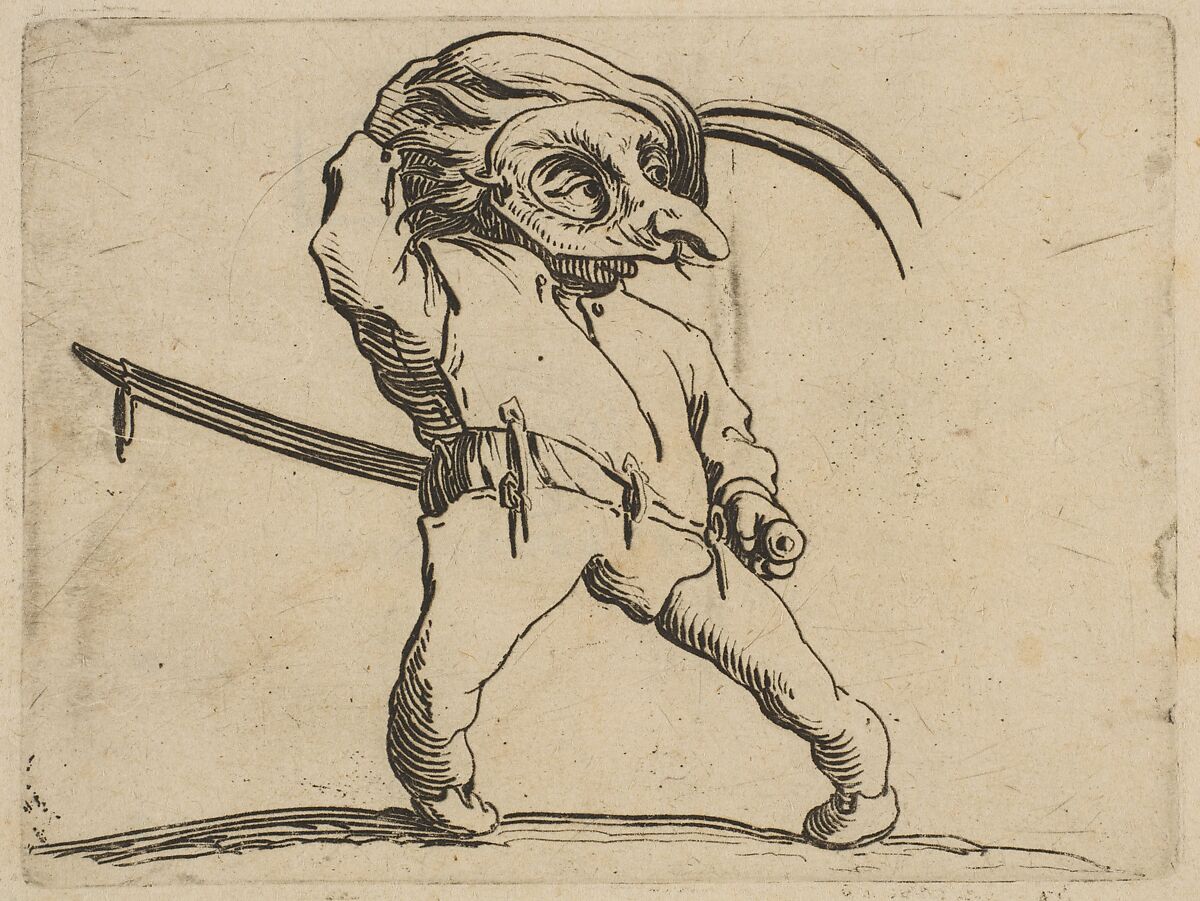 L'Homme Masqué aux Jambes Torses (The Masked Man with Crooked Legs), from "Varie Figure Gobbi, suite appelée aussi Les Bossus, Les Pygmées, Les Nains Grotesques" (Various Hunchbacked Figures, The Hunchbacks, The Pygmes, The Grotesque Dwarfs), Jacques Callot (French, Nancy 1592–1635 Nancy), Etching and engraving; first state of two (Lieure) 
