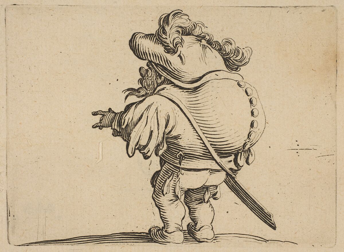 L'Homme au Gros Dos Orné d'Une Rangée de Boutons (Man with a Large Back Ornamented with a Row of Buttons), from "Varie Figure Gobbi, suite appelée aussi Les Bossus, Les Pygmées, Les Nains Grotesques" (Various Hunchbacked Figures, The Hunchbacks, The Pygmes, The Grotesque Dwarfs), Jacques Callot (French, Nancy 1592–1635 Nancy), Etching and engraving; first state of two (Lieure) 