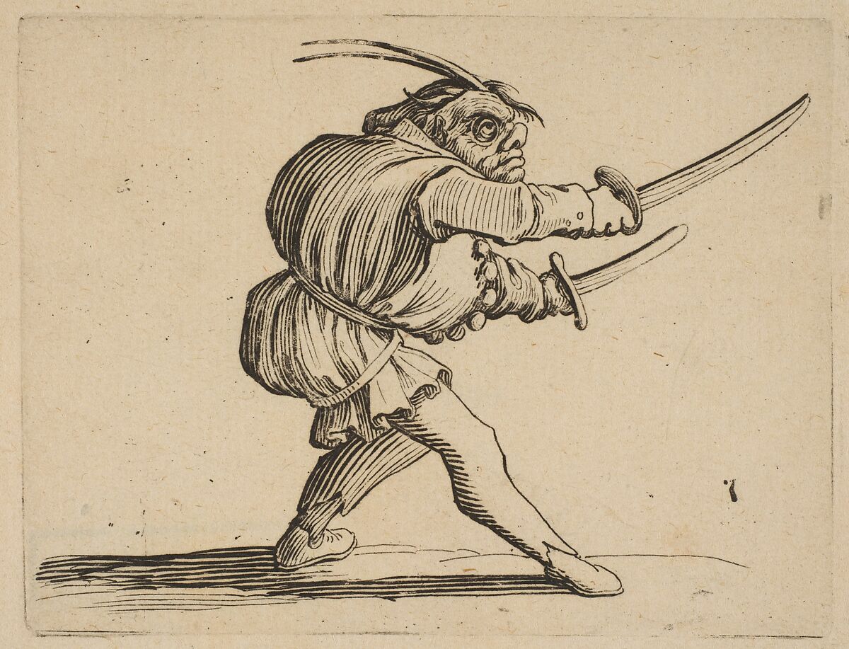 The Duelliste aux Deux Sabres (The Duelist with Two Sabres), from "Varie Figure Gobbi, suite appelée aussi Les Bossus, Les Pygmées, Les Nains Grotesques" (Various Hunchbacked Figures, The Hunchbacks, The Pygmes, The Grotesque Dwarfs), Jacques Callot (French, Nancy 1592–1635 Nancy), Etching and engraving; first state of two (Lieure) 