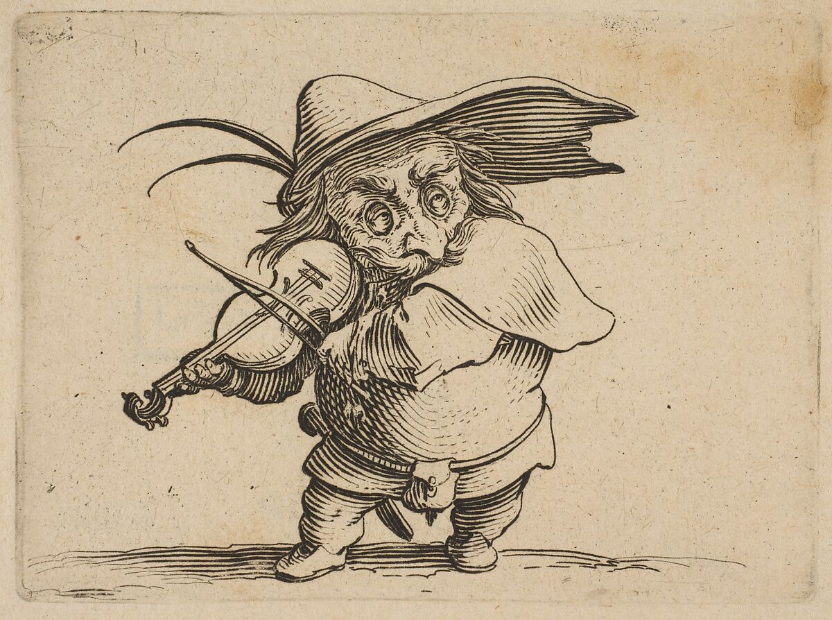 Le Joueur de Violon (The Violin Player), from "Varie Figure Gobbi, suite appelée aussi Les Bossus, Les Pygmées, Les Nains Grotesques" (Various Hunchbacked Figures, The Hunchbacks, The Pygmes, The Grotesque Dwarfs), Jacques Callot (French, Nancy 1592–1635 Nancy), Etching and engraving; first state of two (Lieure) 