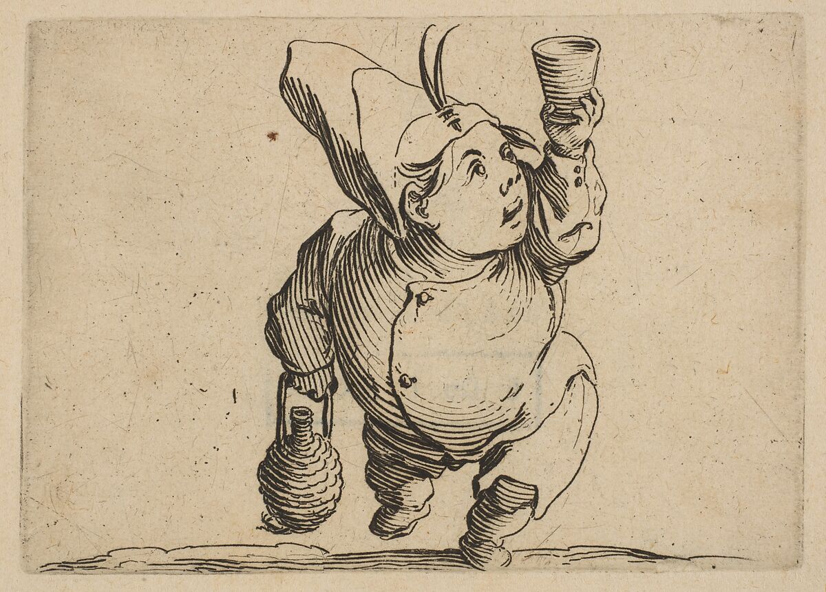 Le Beveur vu de Face (The Drinker Viewed from the Front), from "Varie Figure Gobbi, suite appelée aussi Les Bossus, Les Pygmées, Les Nains Grotesques" (Various Hunchbacked Figures, The Hunchbacks, The Pygmes, The Grotesque Dwarfs), Jacques Callot (French, Nancy 1592–1635 Nancy), Etching and engraving; first state of two (Lieure) 