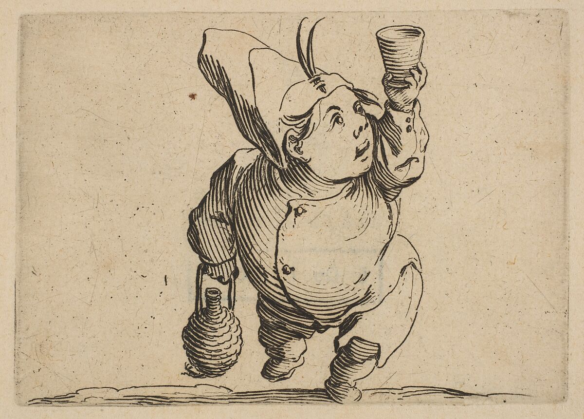 Le Beveur vu de Face (The Drinker Viewed from the Front), from "Varie Figure Gobbi, suite appelée aussi Les Bossus, Les Pygmées, Les Nains Grotesques" (Various Hunchbacked Figures, The Hunchbacks, The Pygmes, The Grotesque Dwarfs), Jacques Callot (French, Nancy 1592–1635 Nancy), Etching and engraving; first state of two (Lieure)
