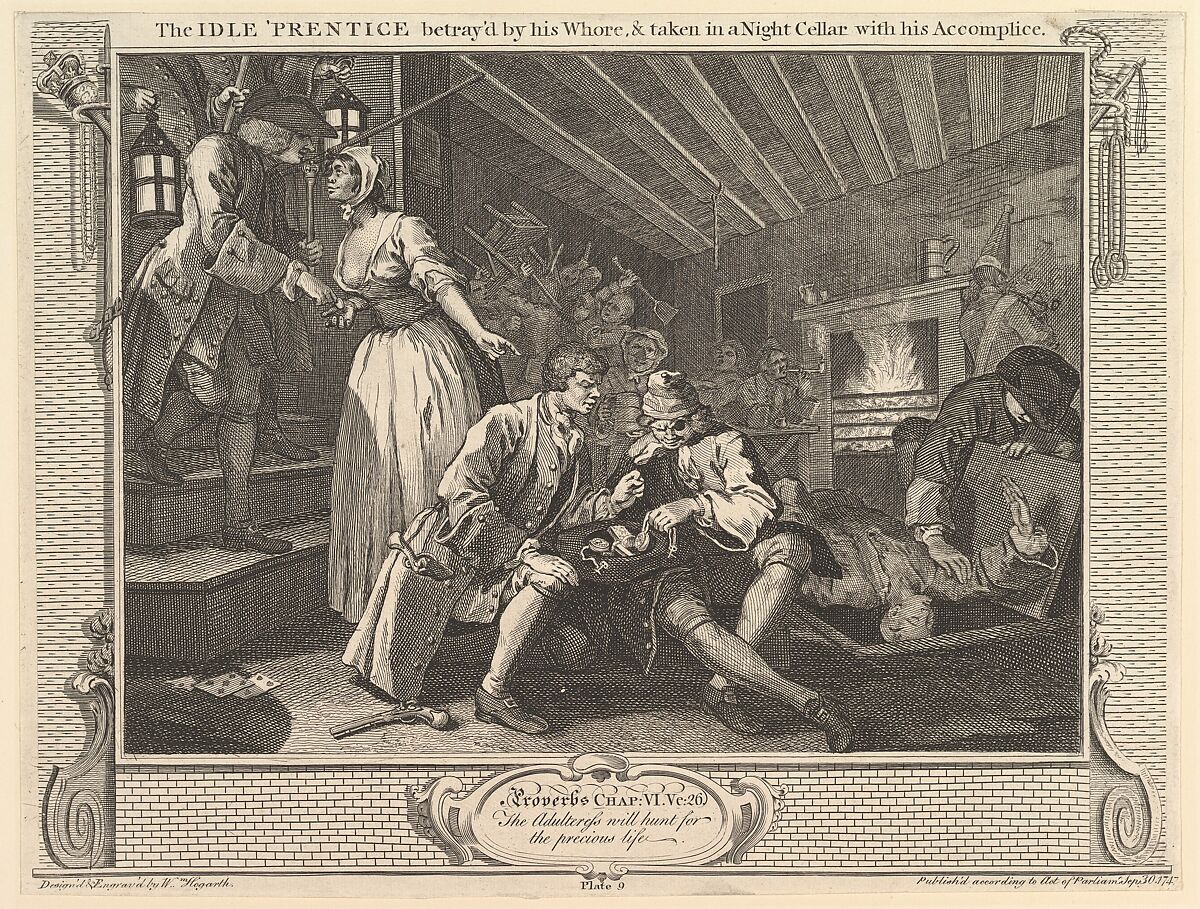 The Idle 'Prentice Betrayed by his Whore and Taken into a Night Cellar with his Accomplice: Industry and Idleness, plate 9, William Hogarth (British, London 1697–1764 London), Etching and engraving; second state of four 