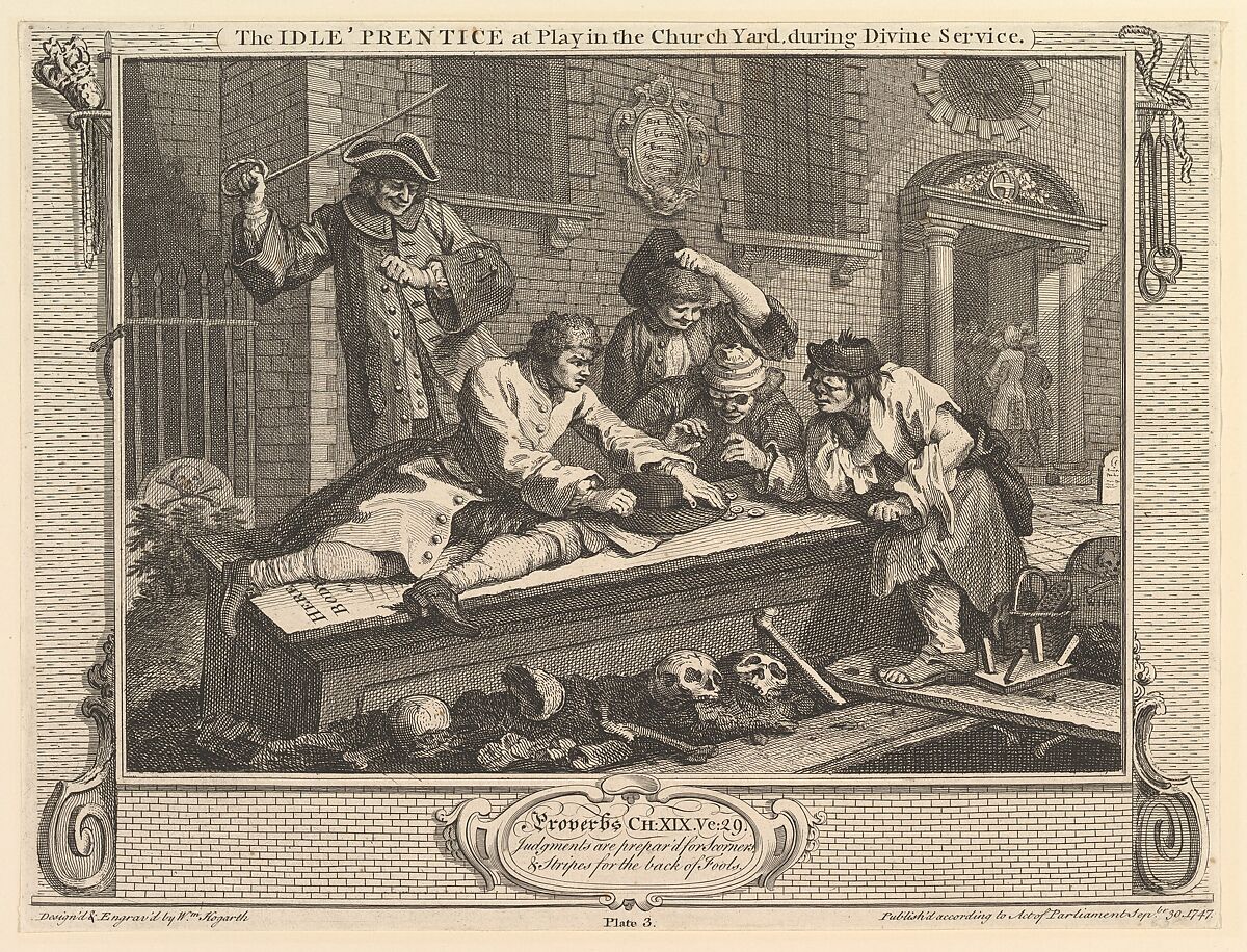The Idle 'Prentice at Play in the Churchyard: Industry and Idleness, plate 3, William Hogarth (British, London 1697–1764 London), Etching and engraving; first state of two 